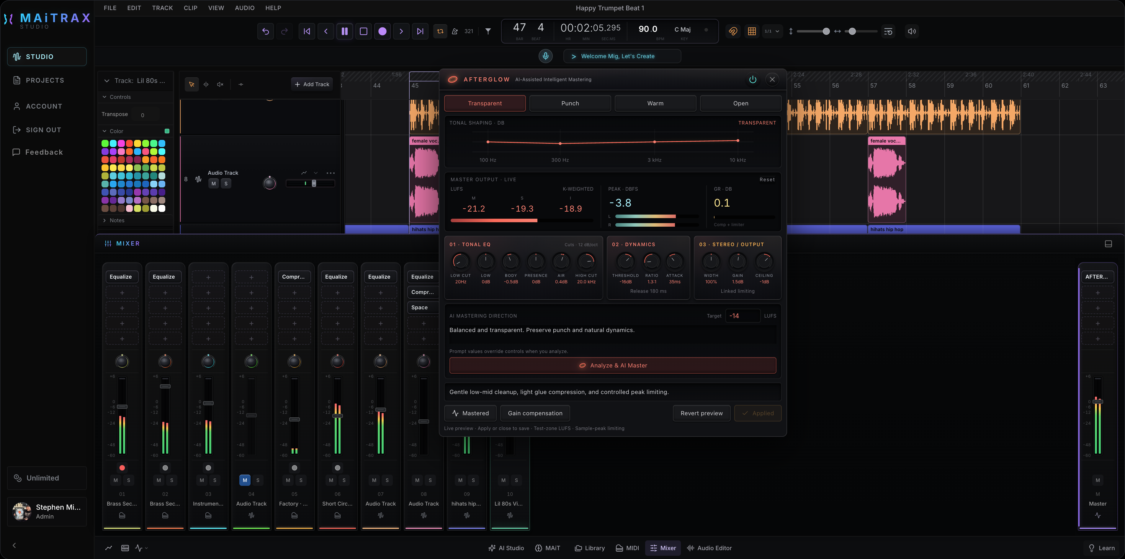 Afterglow mastering module showing tonal EQ, dynamics, and output meters above the MAiTRAX mixer and audio timeline