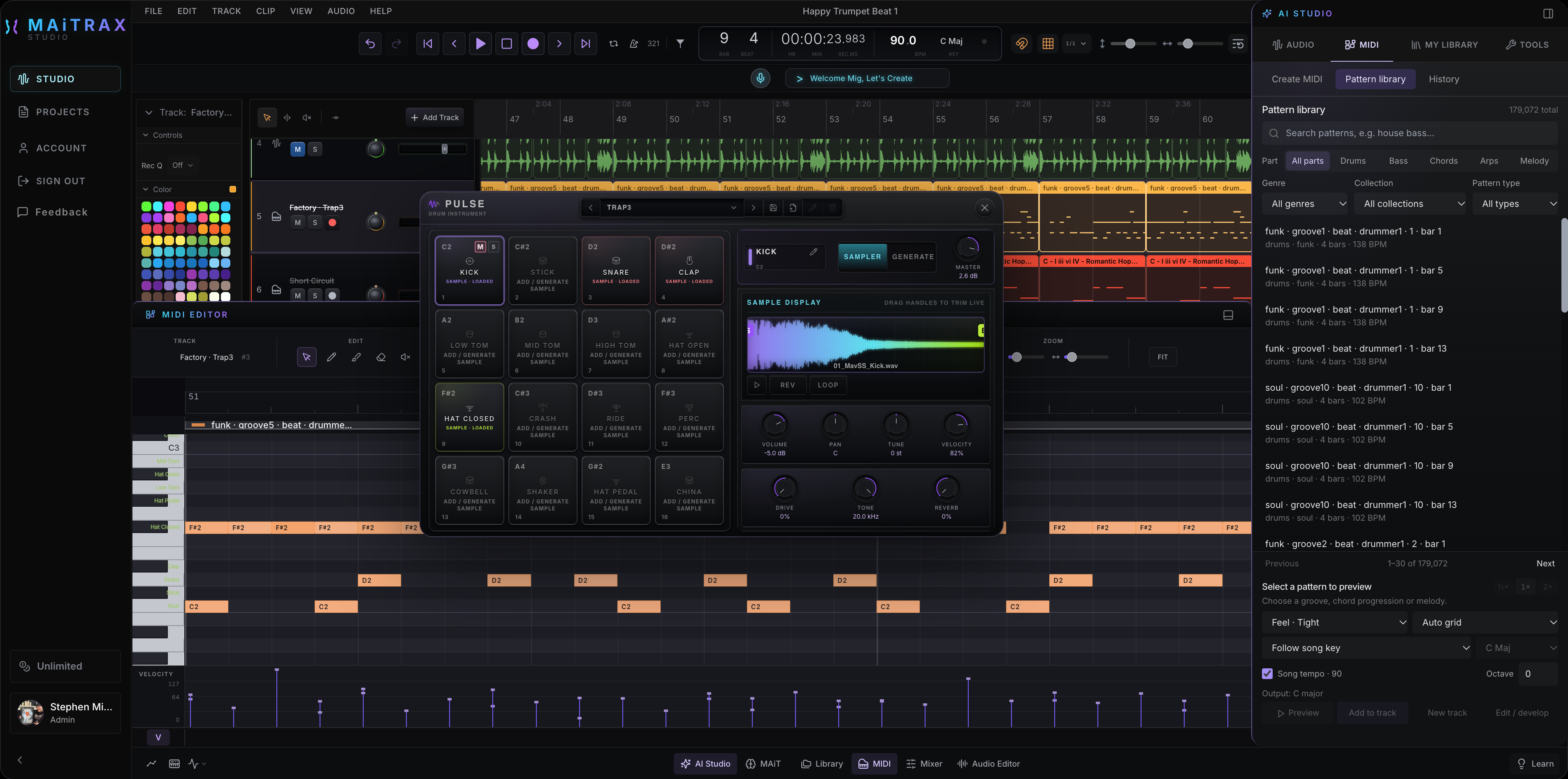 Pulse drum sampler open above an editable drum pattern in the MIDI piano roll, with the MIDI pattern library alongside the timeline
